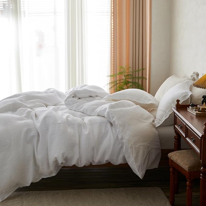 Simple&Opulence 100% Washed Linen Duvet Cover Set 104"x92" - 3 Pieces Soft Farmhouse Comforter Cover Set Double Embroidered with Button Closure - 1 Duvet Cover and 2 Pillowcases (White, King)