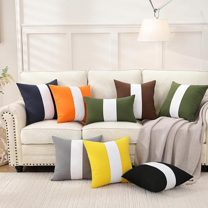 TAOSON Set of 2, Navy Blue 100% Cotton Canvas Patchwork Throw Pillow Covers 18x18 Inch, Modern White Striped Farmhouse Decor Cushion Covers for Sofa Couch Bedroom Living Room