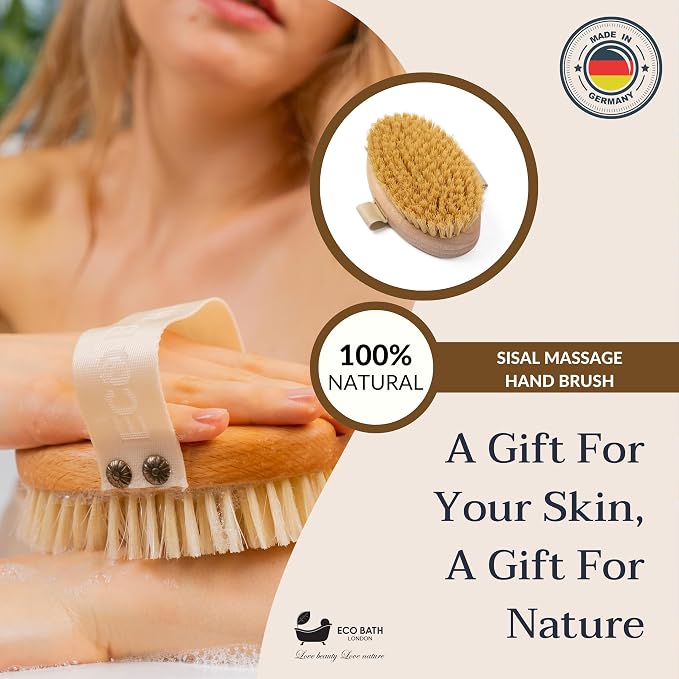 Eco Bath London Natural Sisal Massage Hand Brush - Dry Brushing Body Brush for Exfoliation and Improved Circulation, Natural Bristle Body Scrubber