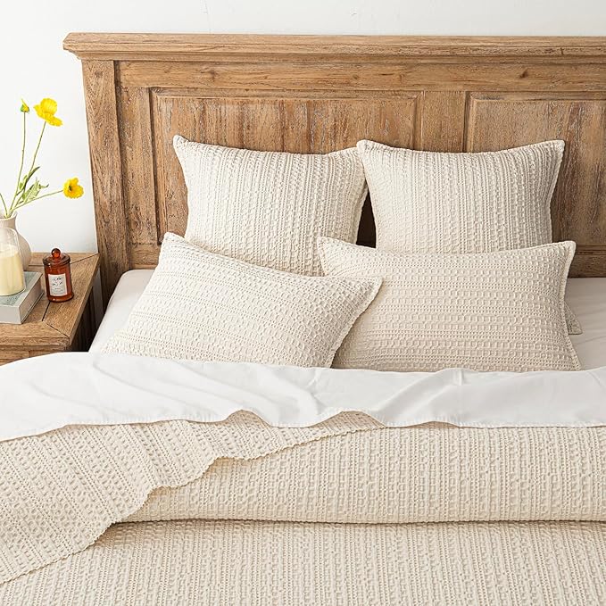 Foindtower Set of 2 Decorative Cotton Waffle Weave Throw Pillow Covers Euro Shams Cushion Covers Accent European Pillowcase for Bed Couch Sofa Bedroom Living Room Home Decor 24×24 Inch Natural Beige