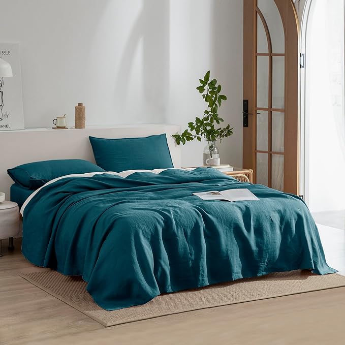 EVERLY Linen Queen Sheets Set, 100% Stonewashed French Linen Bed Sheets Deep Pocket Sheets, 4 Pieces (1 Flat Sheet, 1 Fitted Sheet, 2 Pillowcases) Natural Flax Bedding Set-Graphite Blue