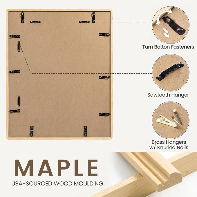 16 x 20 Picture Frame, USA-Sourced Maple Wood Photo Frames with HD Tempered Glass, Handcrafted Rounded Corner 16x20 Wooden Frames Matted to 11x14 Photos, Horizontal or Vertical Wall Display