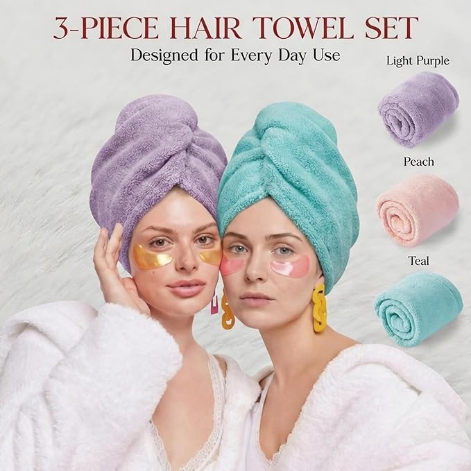 3 Pack Microfiber Hair Towel Wrap for Women 26 x 10 in | Hair Drying Towel with Button |Hair Turban Towel Quick Dry Coral Fleece Head Towels (Pink + Purple + Green)