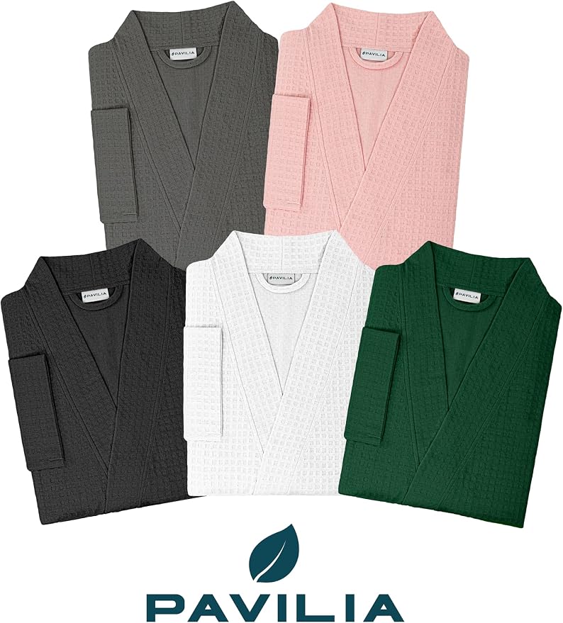 PAVILIA Womens Waffle Knit Robe Lightweight Cotton Blend Full Length House Bathrobe with Pockets