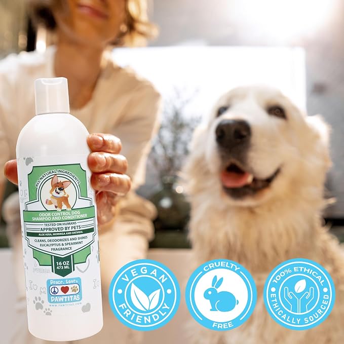 Pawtitas Dog Shampoo and Conditioner All Natural and Hypoallergenic Shampoo for Puppy Made with Certified Organic Natural Herbs Dog Conditioner - 16 Oz Dog Shampoo Made with Eucalyptus & Spearmint