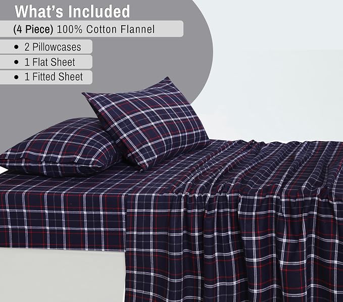 RUVANTI Flannel Sheets Full Size - 100% Cotton Double Brushed Bed Sheets Set, Deep Pockets 16 Inches, All Seasons Breathable & Extra Soft Full Sheets, Warm & Cozy, 4 Piece, Yankees Blue