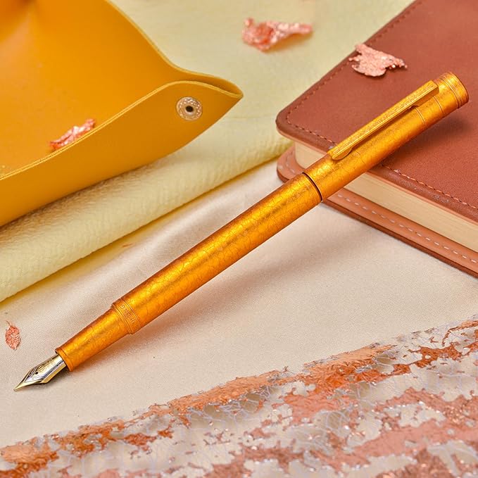 Hongdian 1851 Forest Fountain Pen Golden Ice Flowers, Blade Nib Classic Design Calligraphy Pen with Converter and Metal Pen Case