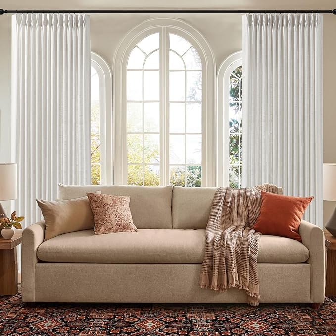 Extra Wide Pinch Pleated Linen Curtains for Living Room, Memory Trained Semi Sheer Curtain Pleated with Hooks Rings Back Tab Light Filtering Drapes for Sliding Door, 60x90, 1 Panel, Beige White