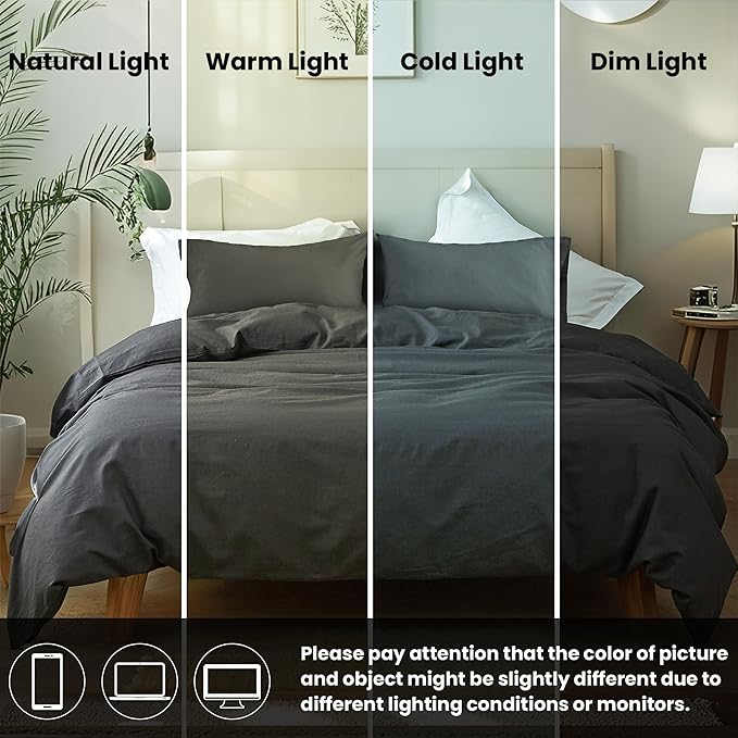 FALUCA French Linen Blend Duvet Cover Set 3Pcs King (104"x92") - Soft, Breathable, Cooling Farmhouse Bedding for Hot Sleeper (King, Dark Grey)
