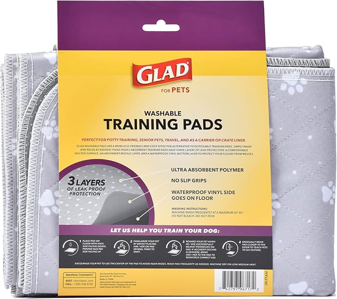 Glad for Pets Washable Dog Pee Pads, Medium, 24 x 36 Inch, 2 Count, Gray with Paw Prints, 3-Layer Leak Protection, No-Slip Vinyl Bottom, Reusable Puppy Training Pads