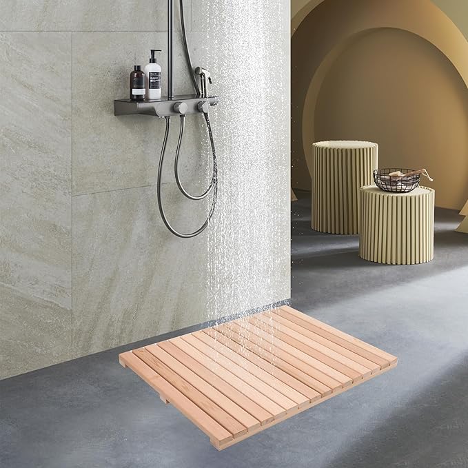 bingaai Cedar Wood Shower Mat, Cedar Wooden Bath Mats, Wood Bath Mat 31.5 × 23.6 in, Shower Stall Mat Non-Slip for Bathroom Bathtub Spa Sauna Garden Home, Wooden Floor Mat Large for Indoor and Outdoor