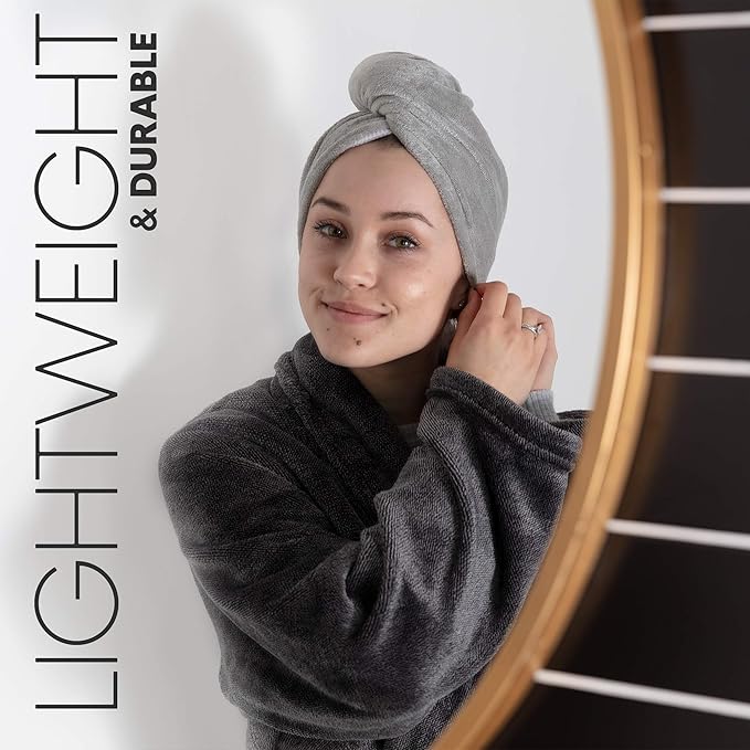 Evolatree Ultra Soft Microfiber Hair Towel Wrap with Wooden Button – Quick-Dry Anti-Frizz Turban for Women, Thoughtfully Designed for Mindful Hair Care – Gray