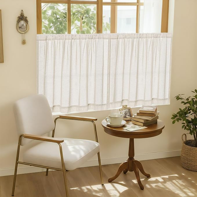 Beige Semi Sheer Linen Kitchen Curtains 30 Inch Length 2 Panels | Cream, Small Windows Curtains, for RV Camper Half Windows, Light Filtering, Farmhouse, Rod Pocket Drapes, W25XL30 Inch