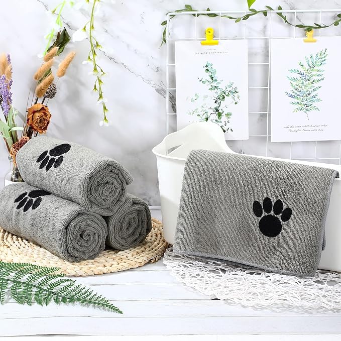 Chumia 4 Pack Dog Towels for Drying Pet Grooming Absorbent Dogs Soft Microfiber Quick Drying Winter Large Medium Small Puppy Bath Towels for Kitten Cats Pets(16 x 31 Inch,Gray)