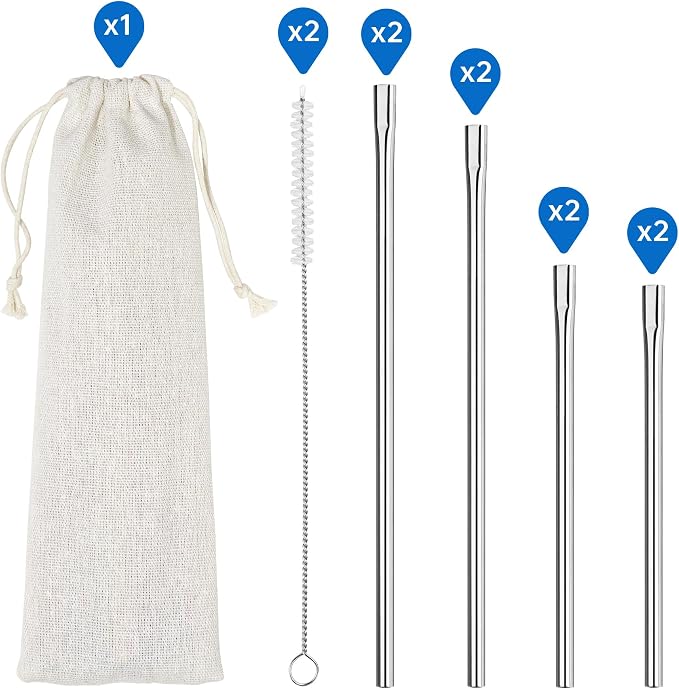 NiHome 8-Pack Anti-Wrinkle Flat Tip Stainless Steel Straws Fit for Stanley Cups, with 2 Brushes & Portable Storage Bag, 4 Lengths for 14oz 20oz 30oz 40oz Tumblers, Dishwasher Safe Reusable Straws