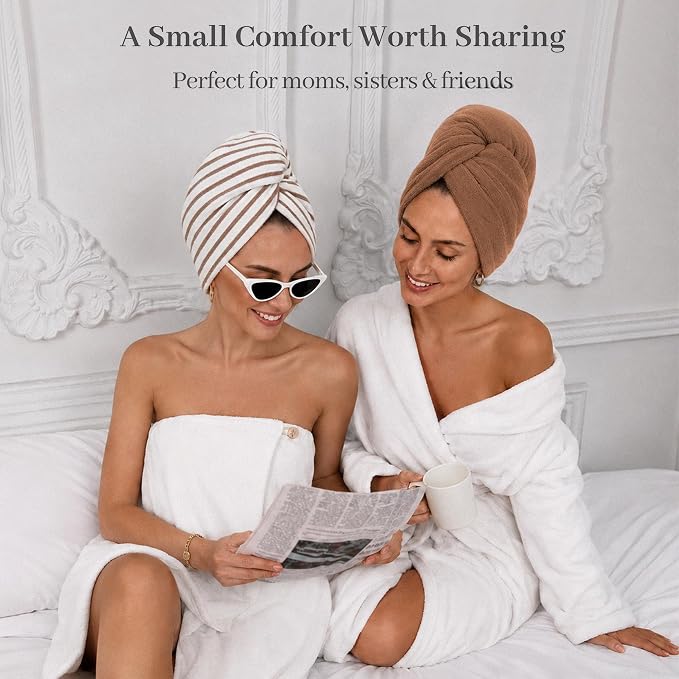 ROLSHOL Cotton Hair Towel Wrap for Women, 2 Pack 100% Cotton Hair Drying Towels for Long, Thick & Curly Hair, 32" x 11" Large Hair Turban for Wet Hair with Elastic Band (Brown)