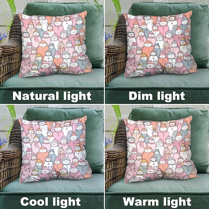 Shrahala Cute Snowmen Winter Accessories Decorative Throw Pillow Cover, Doodle Pastel Snowmen Square Pillowcase Blended Double-Sided No Inserts for Bedroom Living Room Set of 2 (22 x 22 in)
