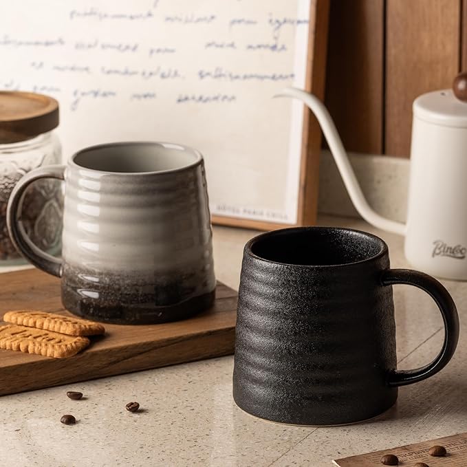 15.5 Oz Large Textured Matte Black Glaze Ceramic Mug, Heavy Weighted Stoneware Coffee Cup, Wide Base, Thick Wall Big Tea Cup with Custom Package Box, Microwave & Dishwasher Safe (Black)