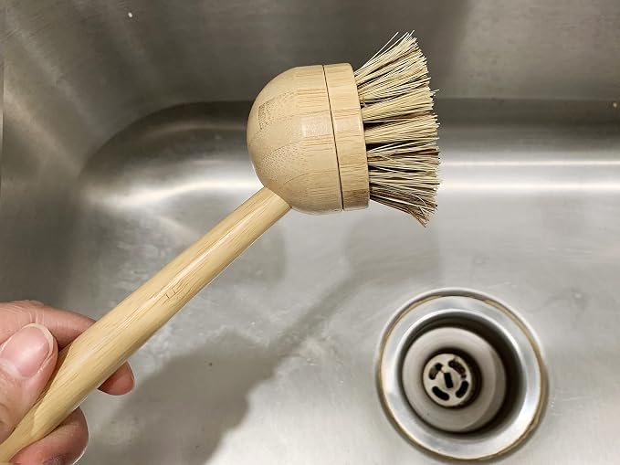 JuneLily Long Coconut Dish Brush Plant-Based Vegan for Kitchen Bathroom Cleaning Produce Washing Dishes (Long Dish Brush & Coconut Brush Head)