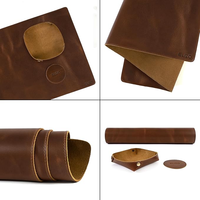Elizo Real Leather Desk Mat Set (32x16) Large Desk Cover Desk Blotter Protector Computer Gaming Mouse Pad Table Laptop Office Desktop Accessories