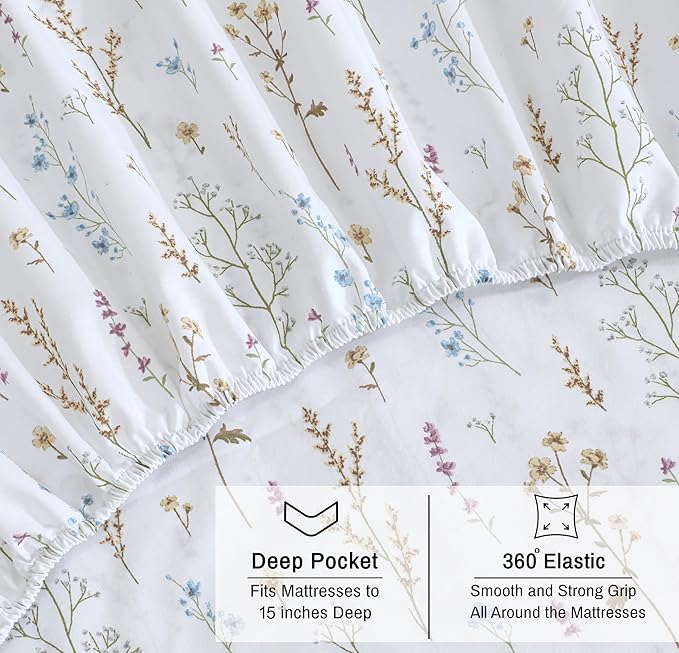 RUVANTI 100% Cotton Organic Percale Sheets Split King Size – Crisp Cooling Bed Sheets for Hot Sleepers, Deep Pocket 15”, Soft Peach Finish, Breathable & Durable Hotel-Style 5 Pcs, Field Flower