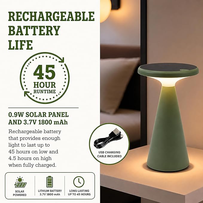 Portable Solar Powered Mushroom LED Table Lamp - Indoor/Outdoor Use - Stepless Dimming - Up to 45 Hour Rechargeable Battery - 1.6W, 160 lumens, 2700K - IP44 Weather Resistant - Green