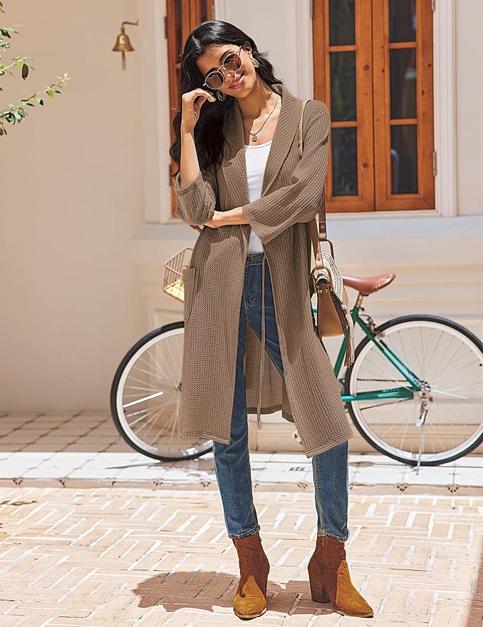 Ekouaer Robes for Women Waffle Knit Bathrobe Lightweight Kimono Robe Knee Length Loungewear with Pockets
