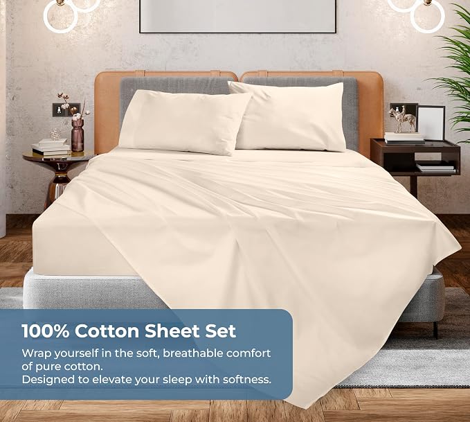 ROYALE LINENS 100% Organic Cotton King Sheet Set - Percale Weave - 4 Pieces Set - 1 Flat, 1 Deep Pocket Fitted Sheet and 2 Pillowcases - Cream Bed Sheets - Sábanas King - Crisp Cool (Cream)