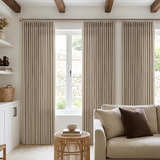 Camel Tan Pinch Pleated Curtains 84 Inches Long 2 Panels Country Farmhouse Light Filtering Privacy Back Tab Thick Linen Drapes for Living Dining Room Bedroom Memory Trained Shaped Pleat Curtain