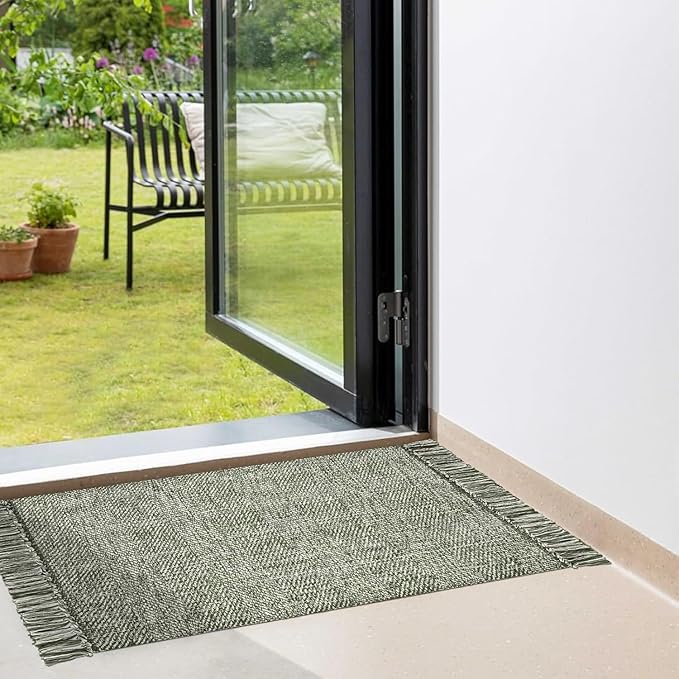 Collive Kitchen Runner Rug, 2' x 4.3' Hand-Woven Reversible Washable Rug, Olive Green/Cream Cotton Modern Farmhouse Bathroom Rug Hallway Carpet for Foyer Bedroom Entry Back Door Decor