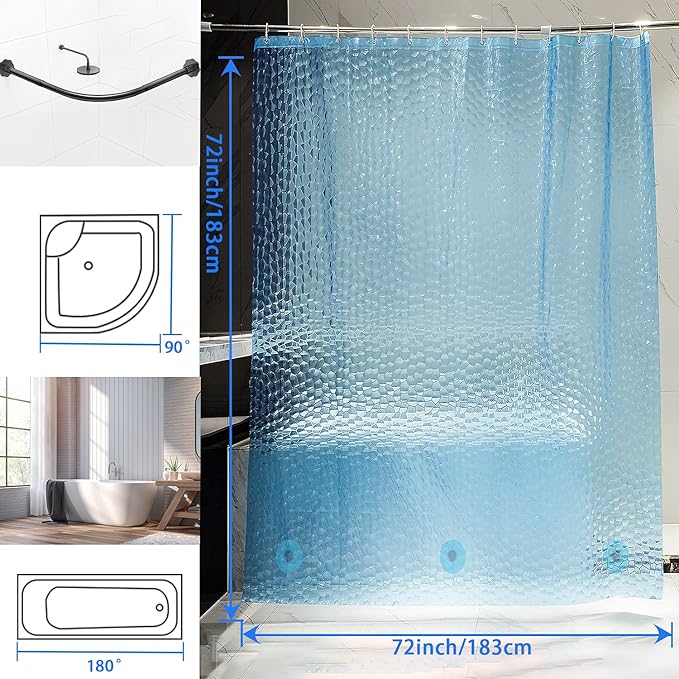 Bostofy Waterproof Shower Curtain Liner EVA Thick Shower Curtain with Heavy Duty 3 Bottom Magnets, Shower Liner for Shower Stall, Bathtubs, 3D Pebble Pattern, 72 x 72,12 Hooks