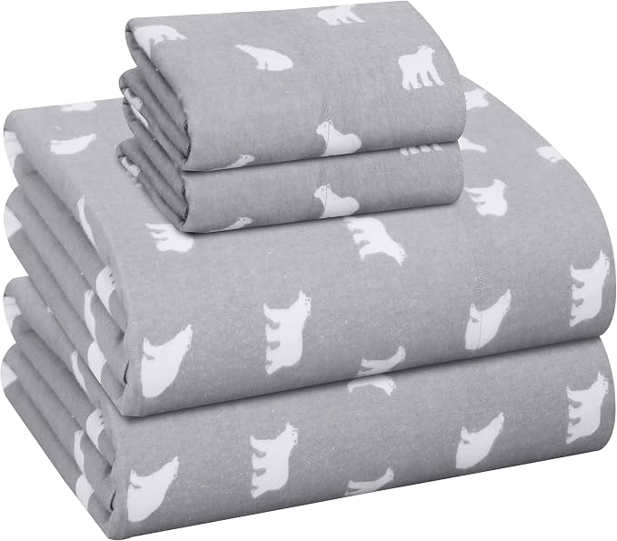 RUVANTI Flannel Sheets Queen Size - GOTS Certified 100% Organic Cotton, 4 Piece Warm, Soft & Breathable Set, Deep Pocket Snug Fit, Double Brushed Cozy All Season Bedding, Baby Bear