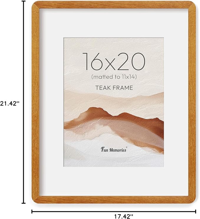 Fun Memories 16x20 Picture Frame - Solid Teak Wood Poster Frame, Handcrafted Rounded Corner 16 x 20 Wooden Frames Matted to 11x14 Photos, Horizontal or Vertical Wall Mounting, Natural Teak