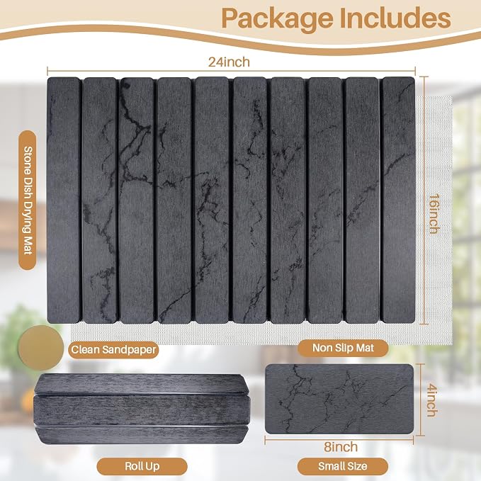 2 PCS Quick Dry Stone Dishes Mats for Kitchen Counter,Collapsible Quick Drying Dish Mats,Ultra Absorbent Diatomaceous Earth Mats for Dishes Bottles Cups, Match Any Countertop(Gray 24"×16"& 8"x4")