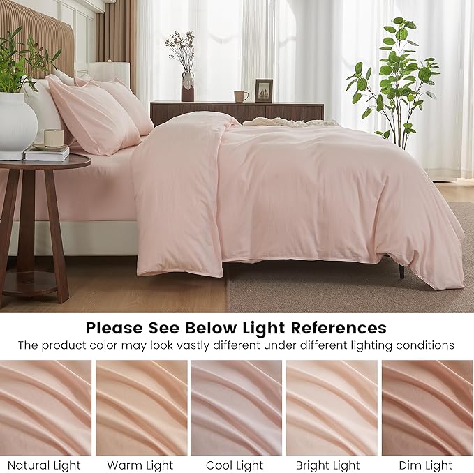 BISELINA French Linen Duvet Cover Set 3pcs with Hidden Zipper Closure Natural Flax Cotton Blend Solid Color Soft Breathable Luxury Farmhouse Bedding - Full Size, Pale Pink