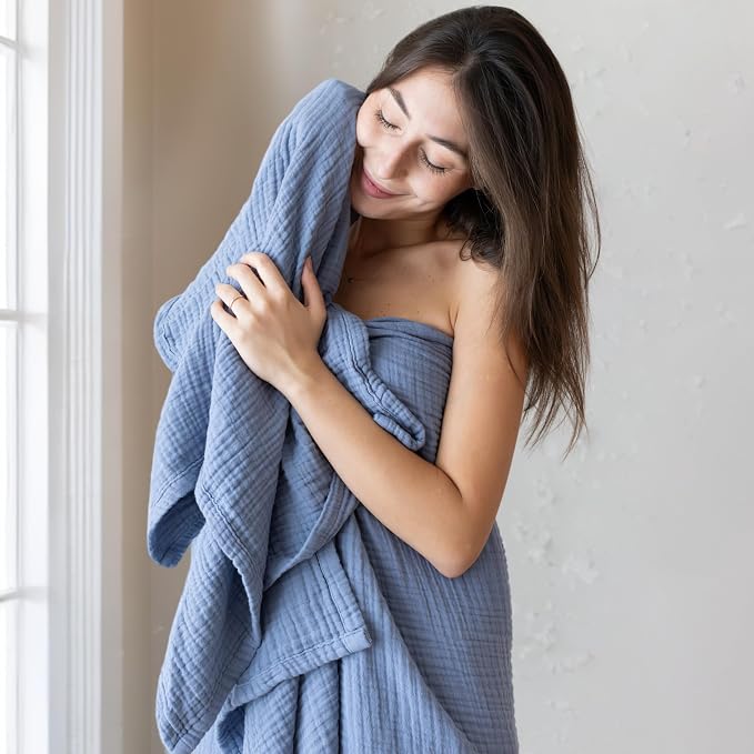 Ultra Soft Muslin Towel Adult Set, 100% Turkish Cotton 4-Layer 2 Pieces Luxury Muslin Hand & Bath Towels Sets for Bathroom (Indigo Blue, 1 Bath & 1 Hand Towel Set)