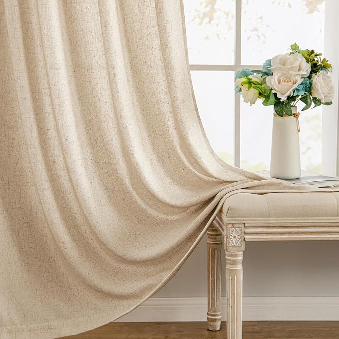 MIULEE Non-See-Through Privacy Linen Curtains 2 Panels, Light Filtering Window Curtains Farnhouse Textured Back Tab Semi Sheer Drapes for Bedroom Living Room, 52 x 90 Inches Long, Light Brown