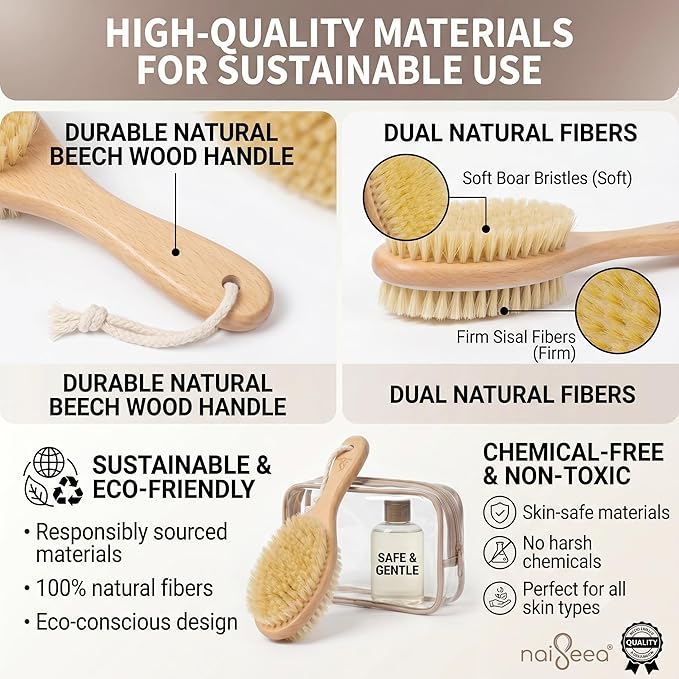 Short-Handle Dual-Sided Bath Massage Brush, Soft Boar & Firm Sisal Bristles, Portable (Natural Beech Wood)