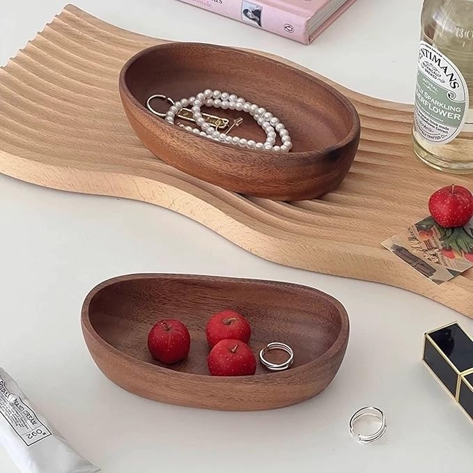 Wooden Bowl for Keys Walnut Wood Catchall Bowl for Entryway Table Rustic Decorative Bowl for Home Decor Coffee Table Oval Boat Shape (Small (6.7"))