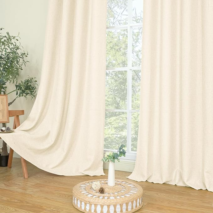 LAMIT Light Beige Linen Curtains 80 inches Long for Living Room, Soft Thick Linen Textured Light Filtering Curtains Burlap Privacy Grommet Drapes for Bedroom, 2 Panels, W52 x L80