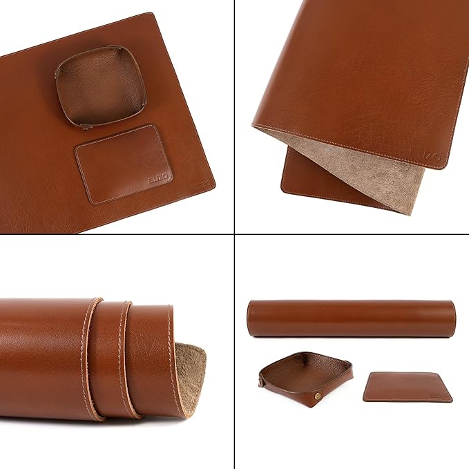 ELIZO Leather Desk Pad Real Leather Desk Mat Thick (3mm) Double Layer (32x16) Cover Blotter Desk Protector Large Computer Mat for Keyboard Mouse Pad Table Laptop Mat Office Accessories - Camel