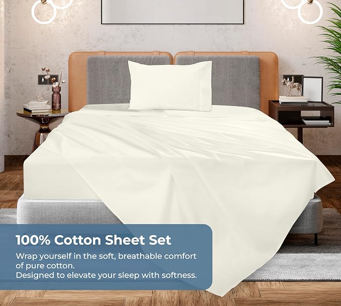 ROYALE LINENS 100% Organic Cotton Twin Sheet Set - Percale Weave - 3 Pieces Set - 1 Flat, 1 Deep Pocket Fitted Sheet and 1 Pillowcases - Ivory Bed Sheets - Sábanas Twin - Crisp Cool (Ivory)