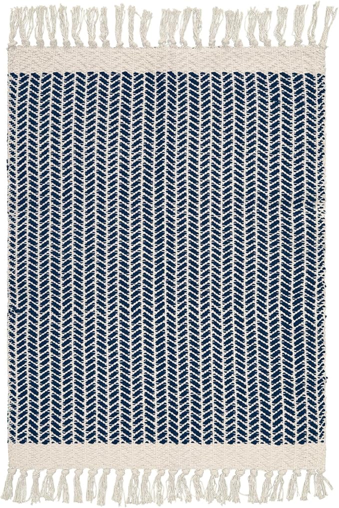 Lahome Belle Boho Bedroom Rug, 3x5 Kichen Rugs for Entryway Living Room Woven Washable Carpet with Tassels, Farmhouse Lightweight Navy Blue Non Shedding Floor Carpet for Bedroom Laundry
