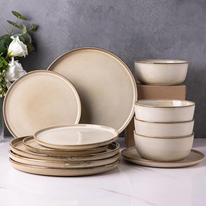 AmorArc 24PCS Ceramic Dinnerware Sets,Handmade Reactive Glaze Plates and Bowls Sets,Highly Chip and Crack Resistant | Dishwasher & Microwave Safe Dishes Set, Service for 4 (24pc)