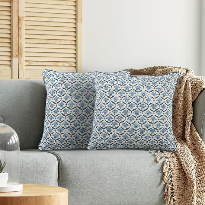 CPC Jeans Blue Block Print Throw Cushion Cover 24 x 24 Inch Set 2 - Decorative Boho Floral Pillow Case for Living Room, Bed, Sofa, Couch, Home Decor Cushion Cover Gift for Spring, Mother's Day