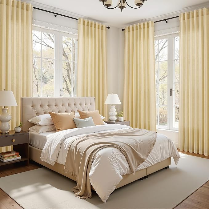 Nanspring Extra Long 120 Inch Curtains for Living Room Cream Yellow Linen Modern Farmhouse Privacy Sheer Curtains Back Tab and Rod Pocket Floor to Ceiling Curtain for Bedroom Office 52x120, 2 Panels
