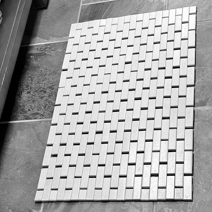Bamboo Bath Mat 24 x 16 Inches and Soap Dish Set Bathroom Rugs Non Slip Washable Bamboo Shower Mat Bathtub Mat Non Slip for Kitchen Sauna Spa Hot Tub Outdoor Bathroom Decor - White