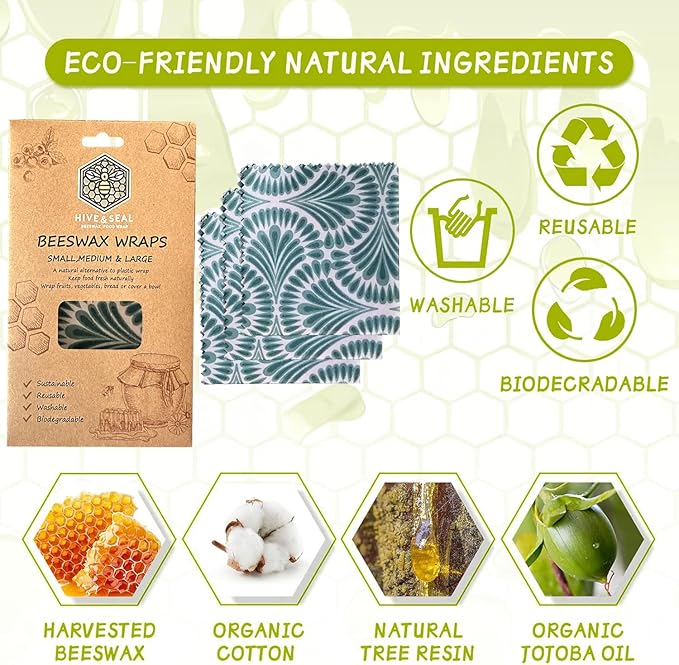 Hive & Seal Beeswax Wraps, Small Medium Large Sizes, Sustainable Reusable Food Storage, Washable