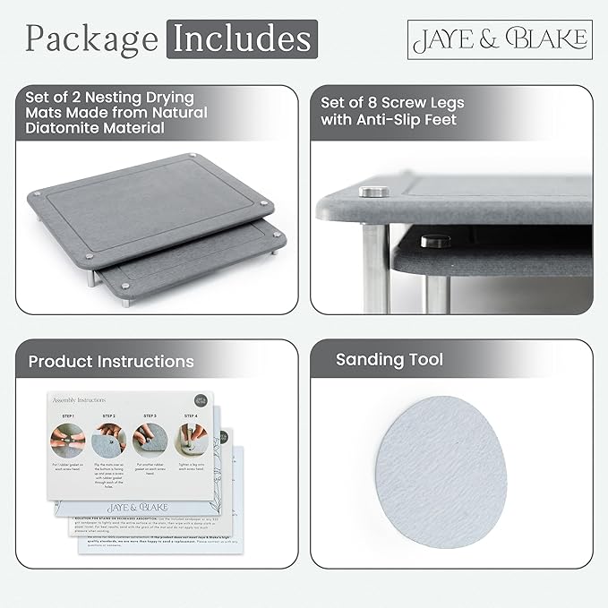 2 PCs Nesting Stone Dish Drying Mats for Kitchen Counter - Absorbent Quick Drying Diatomaceous Earth Stone Drying Mat with Non-Slip Feet - Heat Resistant & Odorless Dish Drying Stone Mat - Gray Solid