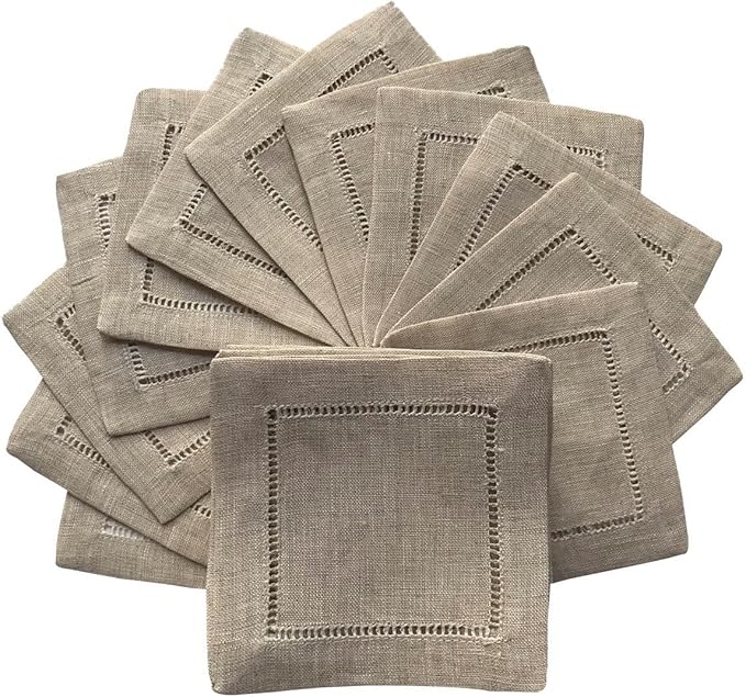 Ladder Hemstitch 100% Natural Linen Cocktail Napkins 4"x4" - A Dozen Cloth Napkin Coasters-Set of 12 Linen Beverage Party Cocktail Napkin